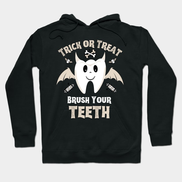 Trick or Treat Brush Your Teeth - Cute Tooth with Bat Wings and Devil Horns Hoodie by Enriched by Art